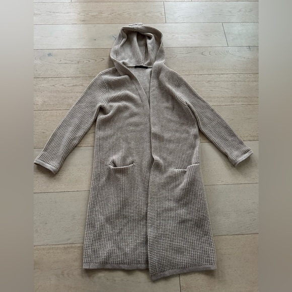 Jenni Kayne Hooded Waffle Knit Cardigan Sweater Oatmeal Wool Cashmere size Small - Picture 2 of 9